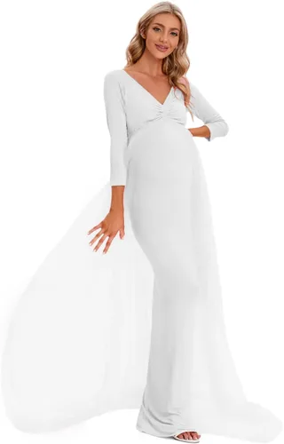 Miniatura 4 de ZIUMUDY Vestido de maternidad de tul con hombros descubiertos para sesión de fotos, vestido ajustado de manga larga para baby shower