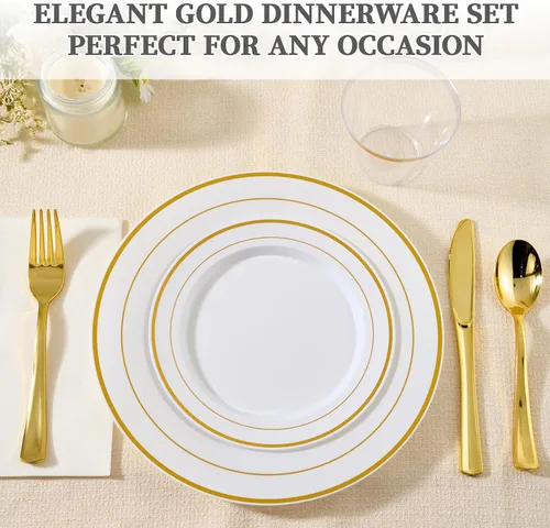Miniatura 4 de FOCUSLINE Juego de vajilla dorada de 600 piezas para 100 invitados - Platos de plástico desechables con borde dorado, incluye 100 platos de cena