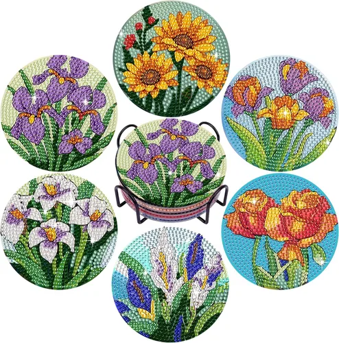 Miniatura 23 de Leatrice 6 piezas de posavasos de arte de diamante pequeños kits de pintura de diamante para adultos con puntos de diamante redondos, taladro
