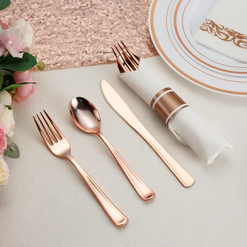 Miniatura 5 de Juego de 50 cubiertos de plástico color oro rosa preenrollados con servilletas, juego de cubiertos desechables envueltos resistentes para bodas