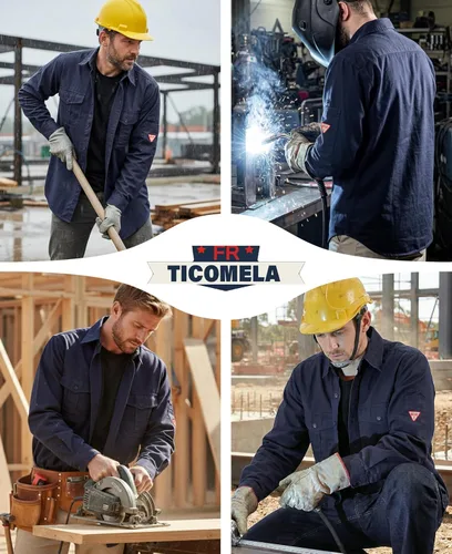 Miniatura 6 de TICOMELA Camisa de soldadura FR de peso medio para hombre, 7.5oz 100% algodón NFPA 2112 CAT2 - Camisa de trabajo con botones resistente al fuego