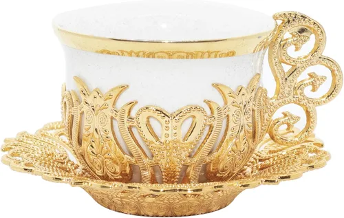 Miniatura 3 de Alisveristime Juego de tazas de café turco, porcelana blanca y metal de zinc con motivos turcos, 6 tazas y platillos (dorado)