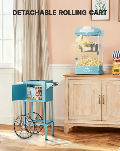 Miniatura 7 de Carro de máquina de palomitas de maíz de 10 onzas, máquina para hacer palomitas con rueda y hervidor de acero inoxidable que hace hasta 40 tazas