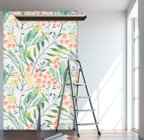 Miniatura 3 de Papel tapiz removible para despegar y pegar, mural de pared autoadhesivo, patrón floral de acuarela, decoración de habitación del bebé • Hojas