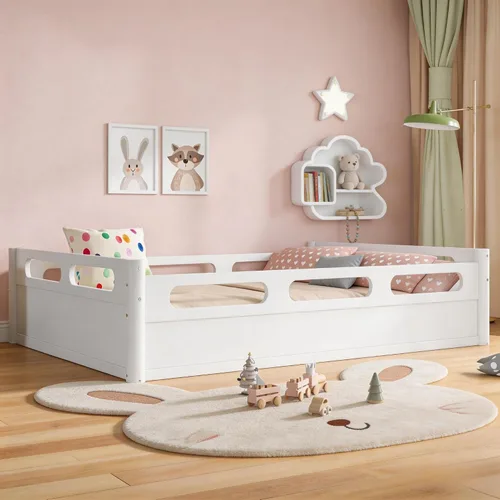 Miniatura 21 de Bellemave Cama de suelo Queen para niños, marco de cama Montessori con barandillas y puerta en forma de valla, cama Queen de madera para niños, Gris
