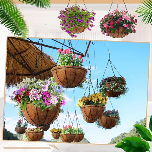 Miniatura 5 de Dandat 1 cesta colgante de metal de 10 pulgadas con forro de fibra de coco, alambre de metal, soporte para plantas, riego al aire libre, macetas