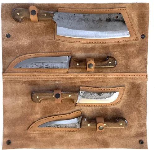 Butcher Series - Juego de cuchillos y cuchillos forjados a mano de 4 piezas con funda de cuero auténtico, cuchillas de acero de alto carbono 5160