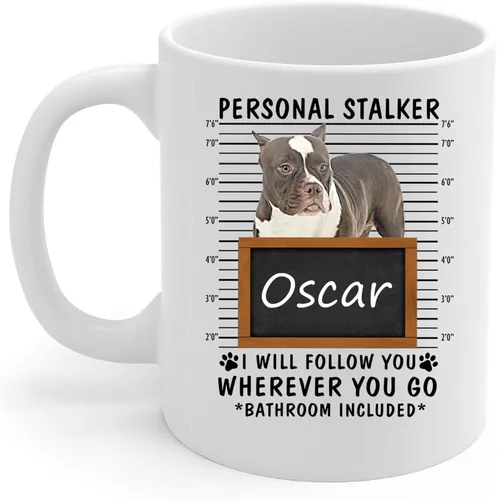 Personal Stalker I Will Follow You Brown American Bully - Taza de café con nombre personalizado, taza de cerámica blanca, 11 onzas