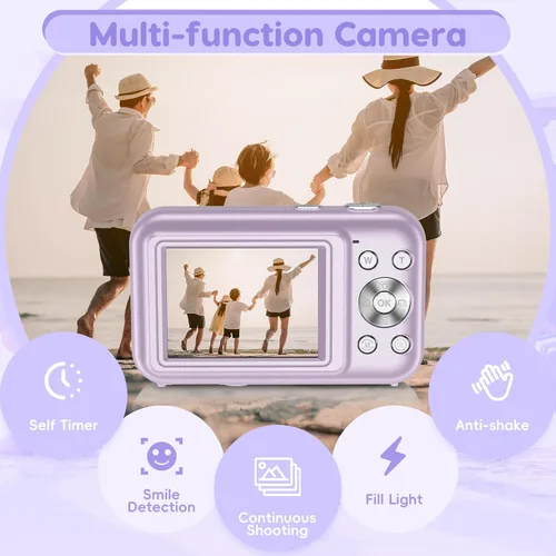 Miniatura 4 de Cámara púrpura para niños, FHD 1080P, 44MP, zoom 16X, compacta, portátil con tarjeta de 32G y 2 baterías, regalo para niñas, niños, estudiantes