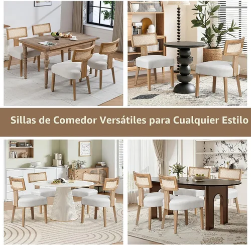 Miniatura 5 de ZJhome Juego de 4 sillas de comedor de ratán modernas de mediados de siglo, sillas decorativas tapizadas de lino con respaldo curvo, marco de madera