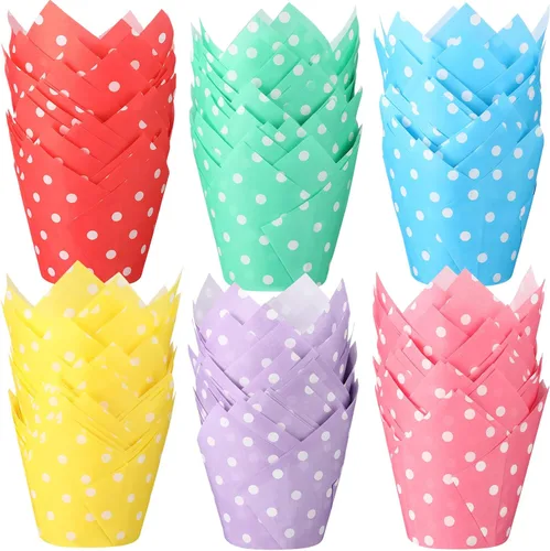 600 forros de tulipanes coloridos para magdalenas, diseño de lunares, tulipán, para hornear, para decoración de fiestas, bodas, cumpleaños