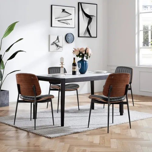 Miniatura 26 de LUNLING Sillas de comedor modernas de mediados de siglo, silla retro beige de piel sintética con asiento tapizado de madera curvada de nogal, patas