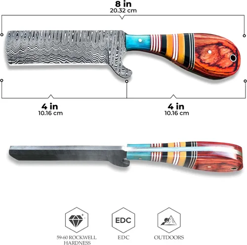 Miniatura 3 de Cuchillo de caza de Damasco hecho a mano, cuchillo de hoja fija de 8 pulgadas con funda, cuchillo de vaquero de espiga completa, cuchillo de Multi