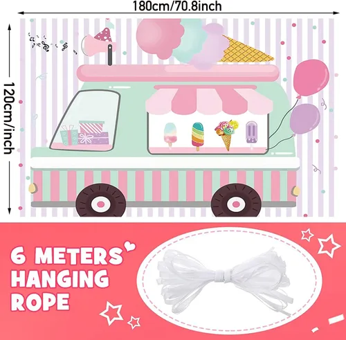 Miniatura 3 de Cartel de fondo con temática de camión de helados, pancarta de fondo de fotografía de cumpleaños para bebés y niñas, decoración de fondo para tartas