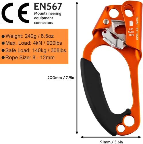 Miniatura 3 de Ascensor de mano de escalada para arbolista de escalada (derecha e izquierda) para cuerda de 8 ~ 0.472 in 1 pieza izquierda - naranja