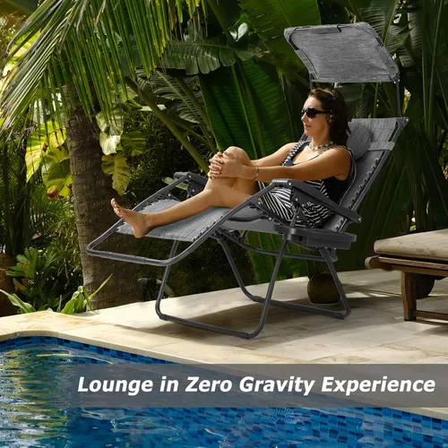 Miniatura 4 de HAPPYGRILL Zero Gravity - Sillón reclinable plegable para patio al aire libre, playa, patio, piscina, gris