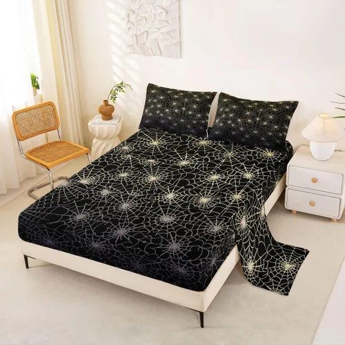 Erosebridal Sábanas de Telaraña Juego de Sábanas Feliz Halloween Juego de Ropa de Cama de Líneas Rayas Geométricas Tamaño King Sábana Plana Amarillo