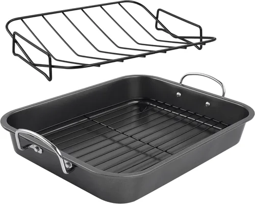 kitCom Bandeja antiadherente para asar, asador con rejilla - Parrilla rectangular de 16 pulgadas adecuada para pavo, pollo asado, jamón, apto para