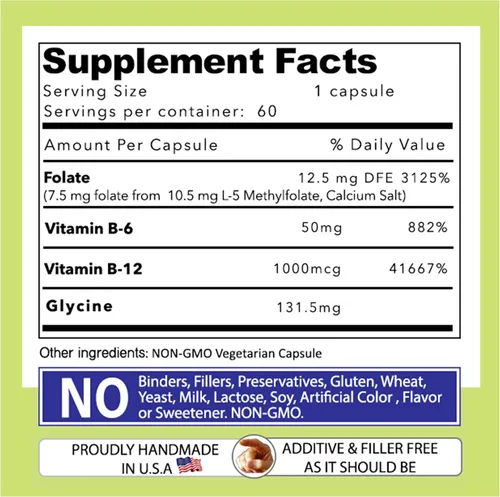 Miniatura 6 de Our Daily Vites - Cofactores del complejo L-metilfolato B y aminoácidos esenciales (7.5 mg), folato activo, metilcobalamina B12 metilcobalamina, B6