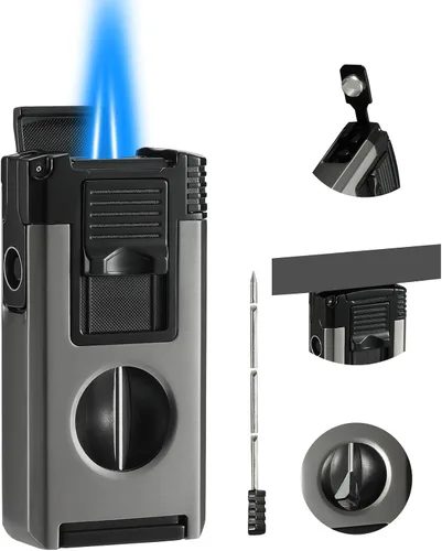 Miniatura 8 de Juego de encendedor y cortador, encendedor de butano de llama triple jet con función de punzón y soporte, encendedor recargable y ajustable a prueba