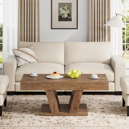 Miniatura 4 de Mesa de centro de granja con 2 cajones laterales, mesa de té central de madera de 43 pulgadas con almacenamiento oculto, mesa de cóctel rectangular
