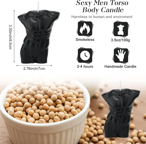 Miniatura 3 de Tondiamo 2 velas en forma de cuerpo femenino masculino cuerpo hombres torso cera de soja perfumada vela decorativa para dormitorio, baño, boda Negro