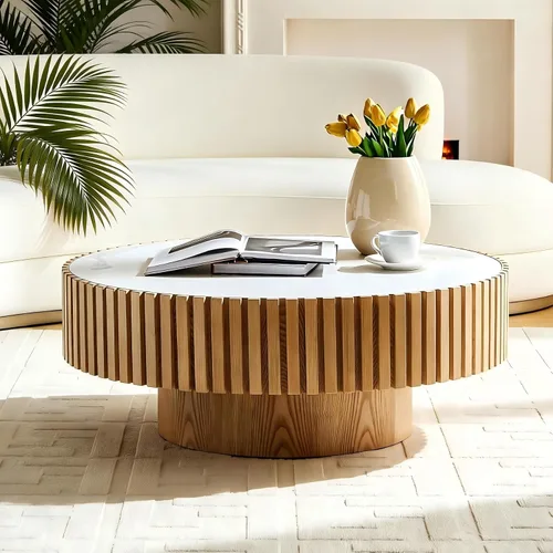 Miniatura 14 de Mesa de centro moderna de madera redonda acanalada, Ø31.5 x 13.8 pulgadas de alto, espacio pequeño, color marrón, tambor circular, centro estriado