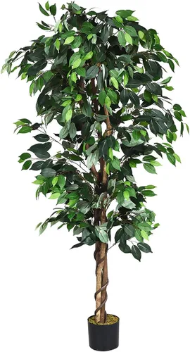 Goplus Árbol de seda artificial de ficus de 6 pies, árbol falso en maceta con hojas verdes y tronco natural, sin mantenimiento, planta sintética