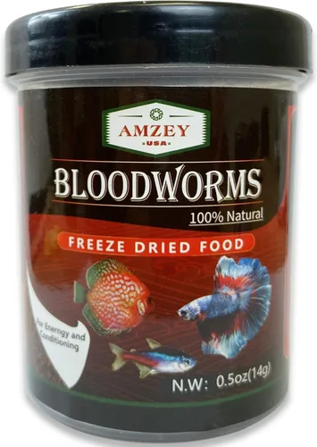 Amzey Blood Worms - Gusanos de sangre liofilizados 100% naturales - Acuario alimento alto en proteínas para peces betta, peces dorados, cíclidos,
