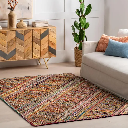 Miniatura 17 de nuLOOM Tammara - Alfombra bohemia trenzada a mano, algodón, hecha a mano, ecológica, colorida, roja, azul, rosa, amarillo