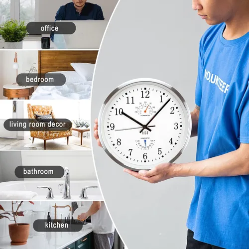 Miniatura 6 de HITO Reloj de pared silencioso de 14 pulgadas, funciona con pilas, reloj de pared grande para decoración de sala de estar, oficina, aula, dormitorio