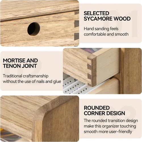 Miniatura 4 de KIRIGEN Organizador de escritorio con 3 cajones - Caja de almacenamiento con cajones de madera y bandejas para mesa - Organizador de herramientas