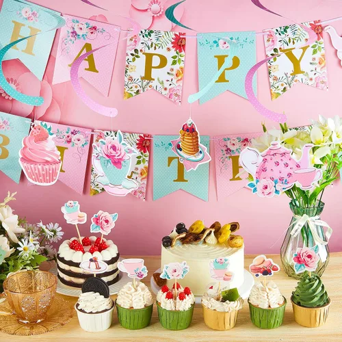 Miniatura 5 de Decoraciones florales de fiesta de té y cumpleaños - Suministros de fiesta "Tea for Two" para niñas pequeñas, guirnalda floral colgante y centro