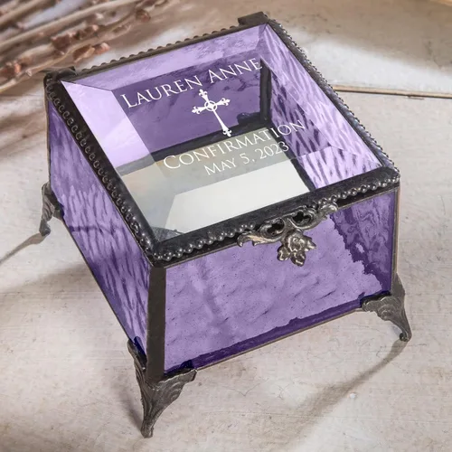 Miniatura 2 de Regalo de confirmación para niña, caja de recuerdo personalizada, vitral morada, grabada, cruz de joyería, J Devlin Box 836 EB221
