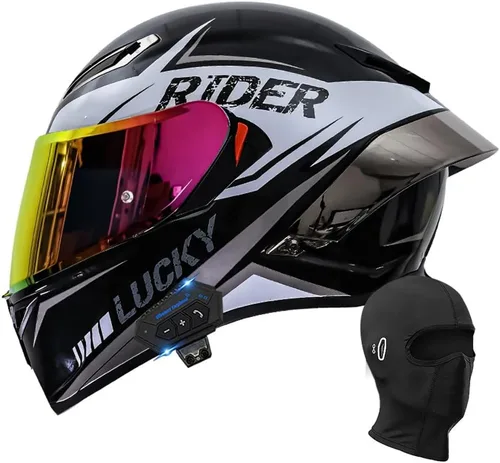 Miniatura 23 de Casco de motocicleta Bluetooth de cara completa, aprobado por DOT, casco antivaho, doble visera, casco de bicicleta de calle, altavoz dual integrado