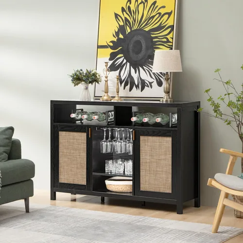 Miniatura 4 de SICOTAS - Gabinete de barra de café de ratán, aparador de buffet de 51" con almacenamiento, gabinete de licor moderno con estantes para vino