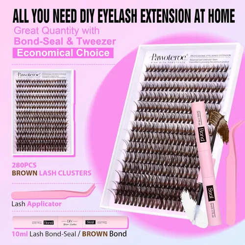 Miniatura 2 de Kit de extensión de pestañas Pawotence DIY 280 piezas, racimos de pestañas marrones, kit de extensión de pestañas individuales 40D 9-16mm