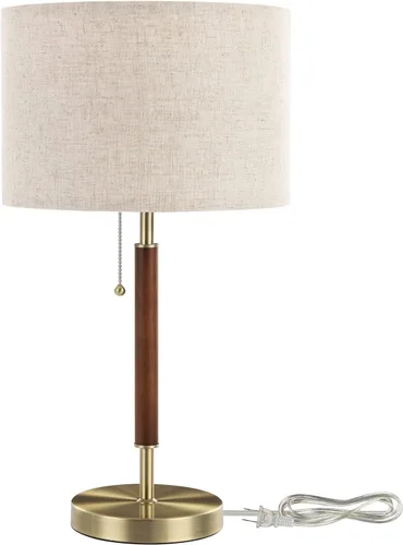 Miniatura 10 de EDISHINE Lámpara de mesa de mediados de siglo, lámpara de noche con interruptor de cadena con pantalla de lino, poste de madera maciza y base