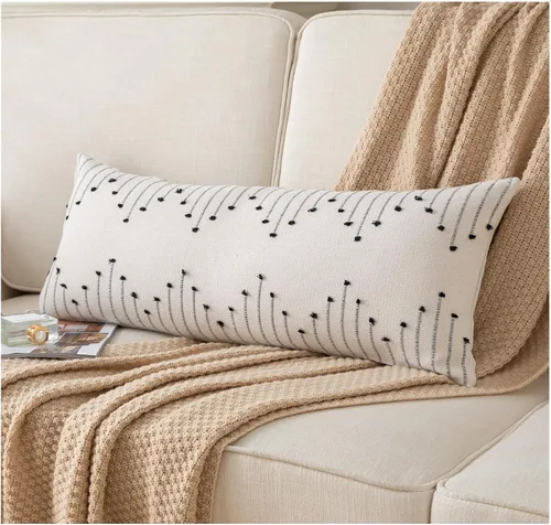 Miniatura 11 de Caflife Fundas de almohada boho de 18 x 18 pulgadas, juego de 2 almohadas decorativas para cama, fundas de almohada beige con línea negra para sofá