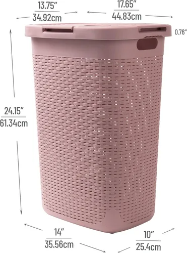 Miniatura 3 de Mind Reader Cesta de lavandería delgada con tapa, cestas de ropa de 60L, diseño de mimbre premium, plástico, paquete de 2, rosa
