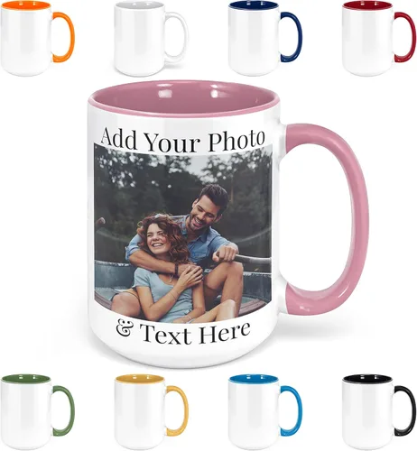 Taza de café personalizada, taza de cerámica personalizada de 15 onzas con foto, impresión de doble cara, divertida, rosa