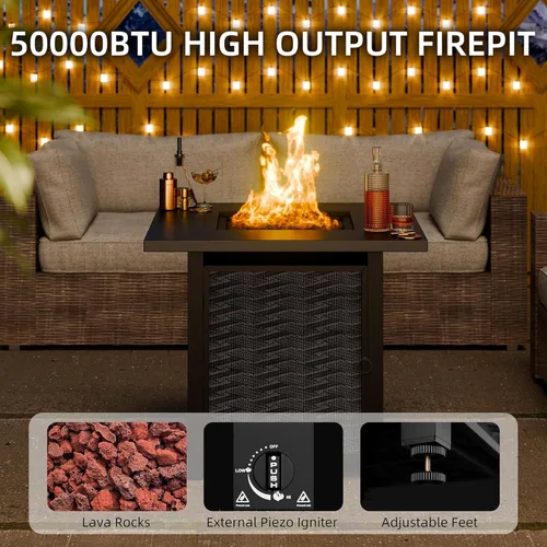 Miniatura 6 de Mesa para fogata de propano de 28 pulgadas con tapa, chimenea cuadrada de gas para exteriores de 50,000 BTU, resistente a la intemperie, mesa