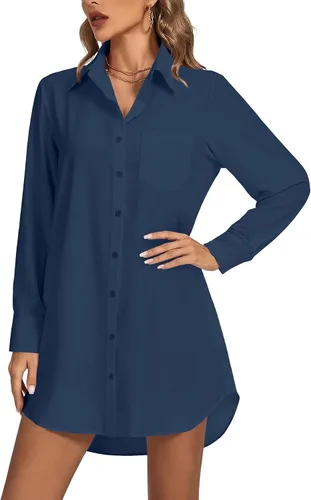 Miniatura 20 de LYANER Vestido camisero para mujer con cuello en V, botones, manga larga y dobladillo curvado