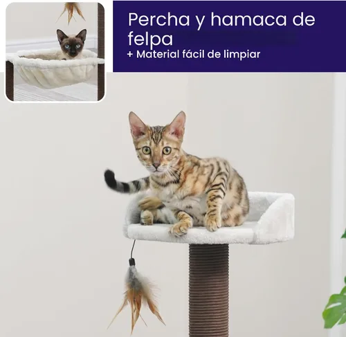 Miniatura 6 de Catry Nirvana Árbol para gatitos de 3 niveles con perca de felpa, hamaca suave y postes rascadores de cuerda de papel, muebles minimalistas