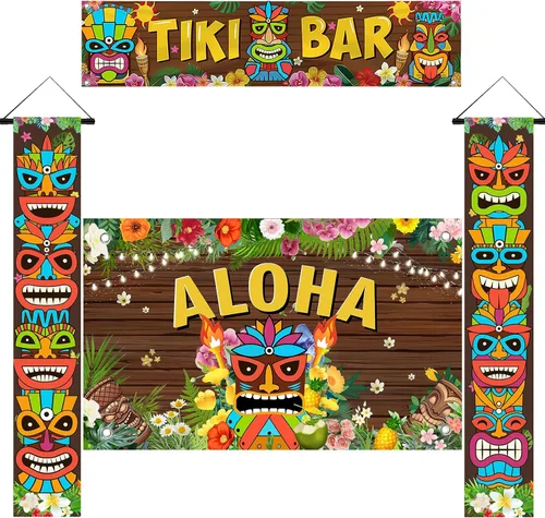 Miniatura 7 de Luau - Cartel para puerta de tótem Tiki, 3 piezas, pancarta de Tiki para porche, cubierta hawaiana para Aloha Hawaii, Moana tropical, cumpleaños