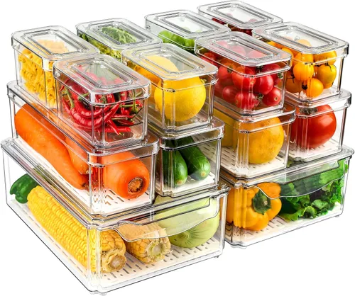 Paquete de 14 organizadores para refrigerador y almacenamiento - Contenedores organizadores con tapas para refrigerador, organización sin BPA,