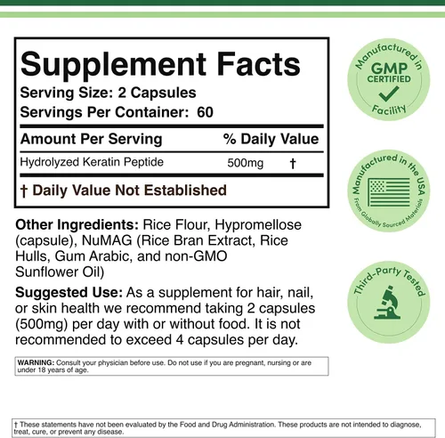 Miniatura 2 de Vitamina de queratina para el crecimiento del cabello (500 mg por porción, 120 píldoras) Tratamiento capilar de queratina para hombres y mujeres