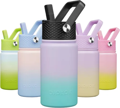 Miniatura 33 de BJPKPK Botella de agua aislada con tapa con pajilla, bonitas botellas de agua de 15 onzas, termo de metal de acero inoxidable, vasos reutilizables