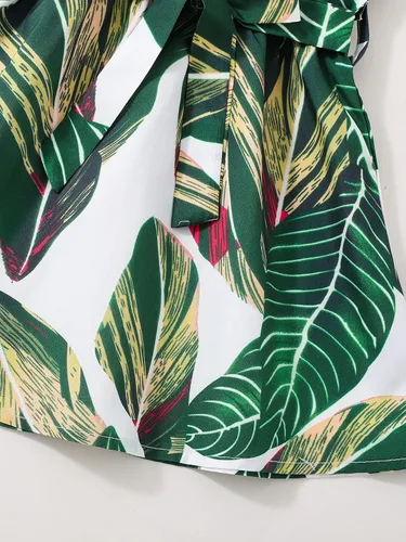 Miniatura 5 de SHENHE Vestidos cortos de corte A para niña con estampado tropical, halter sin mangas, lazo en la cintura