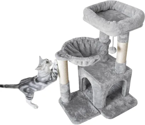 Pesofer - Árbol para gatos, torre pequeña para gatos con poste de rascar de sisal y hamaca, gris claro